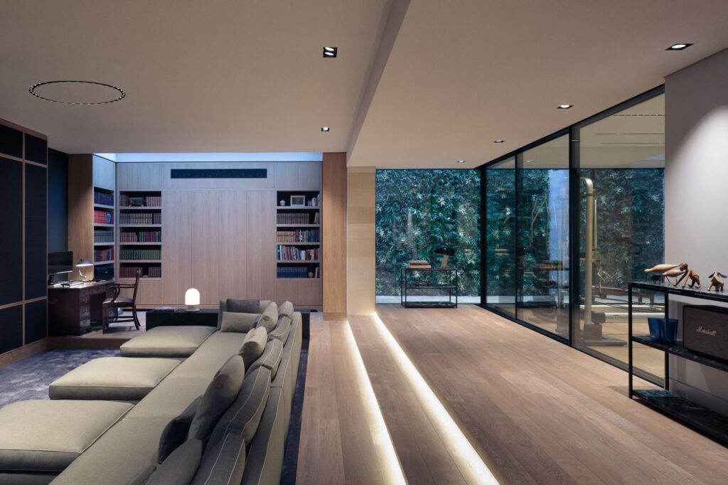Hidden House — Concealed joinery and integrated services, with a gym, wine wall and dressing rooms worked into the existing envelope.